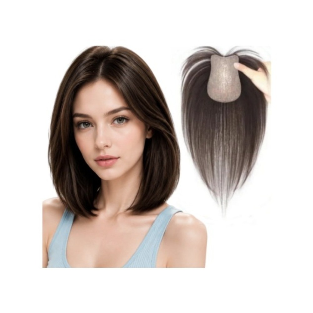 Human Hair Topper Hook & Loop Magic Paste Hairpiece Dark Brown No Bangs 10in